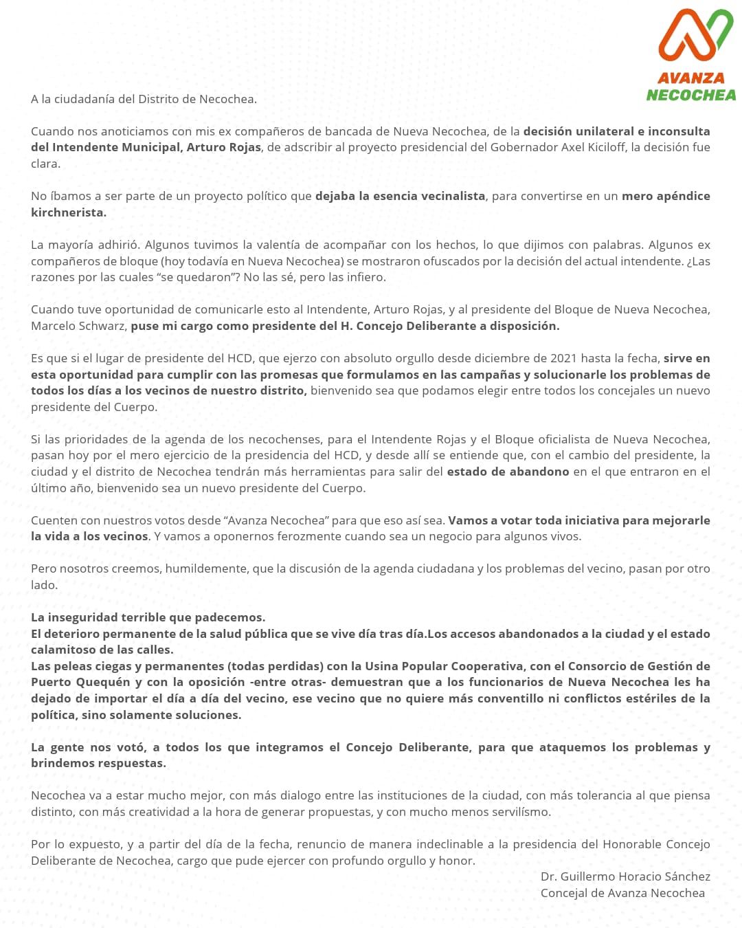 GUILLERMO SÁNCHEZ RENUNCIÓ A LA PRESIDENCIA DEL HCD